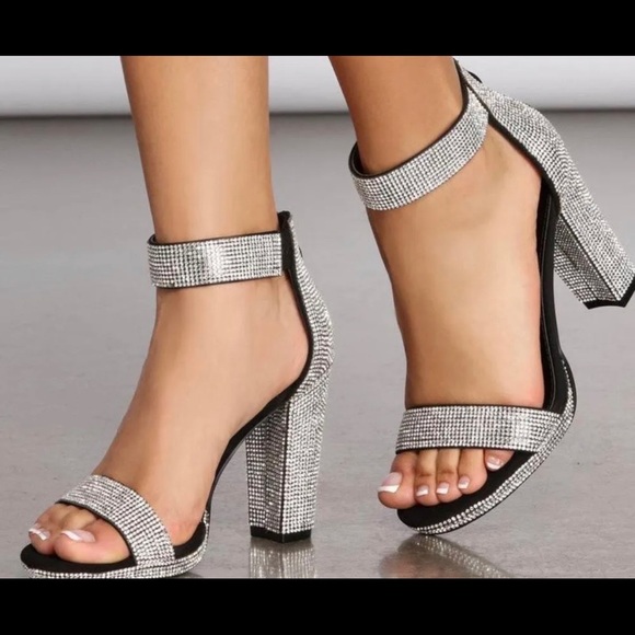 black rhinestone block heels